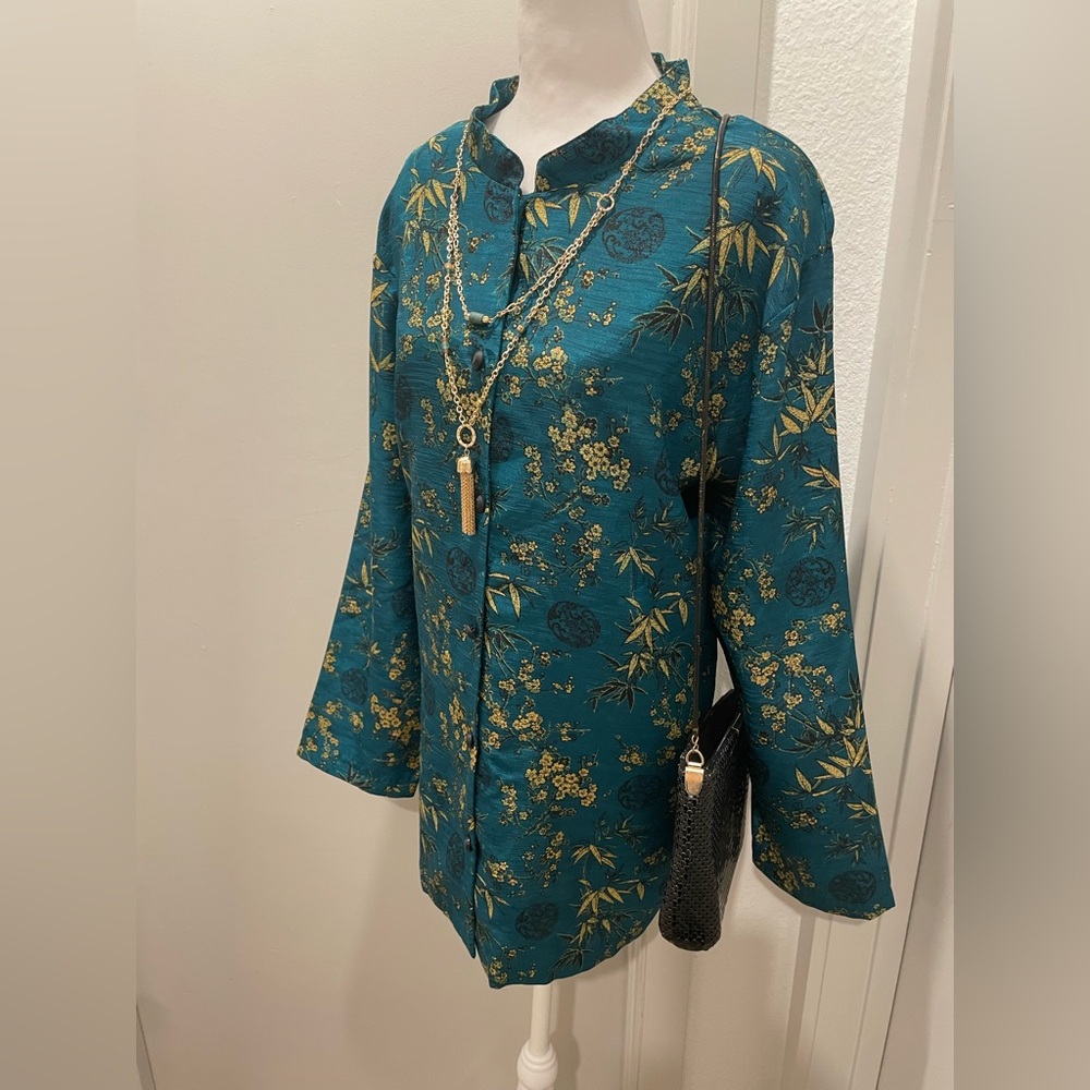 VTG 80s TEDDI Asian Cheongsam-Style Lightweight Button-Up Teal Gold Blouse 2XL